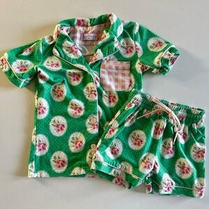 SweetHoney - Girls Green Floral Pajama Set with Pink Trim - Size 6